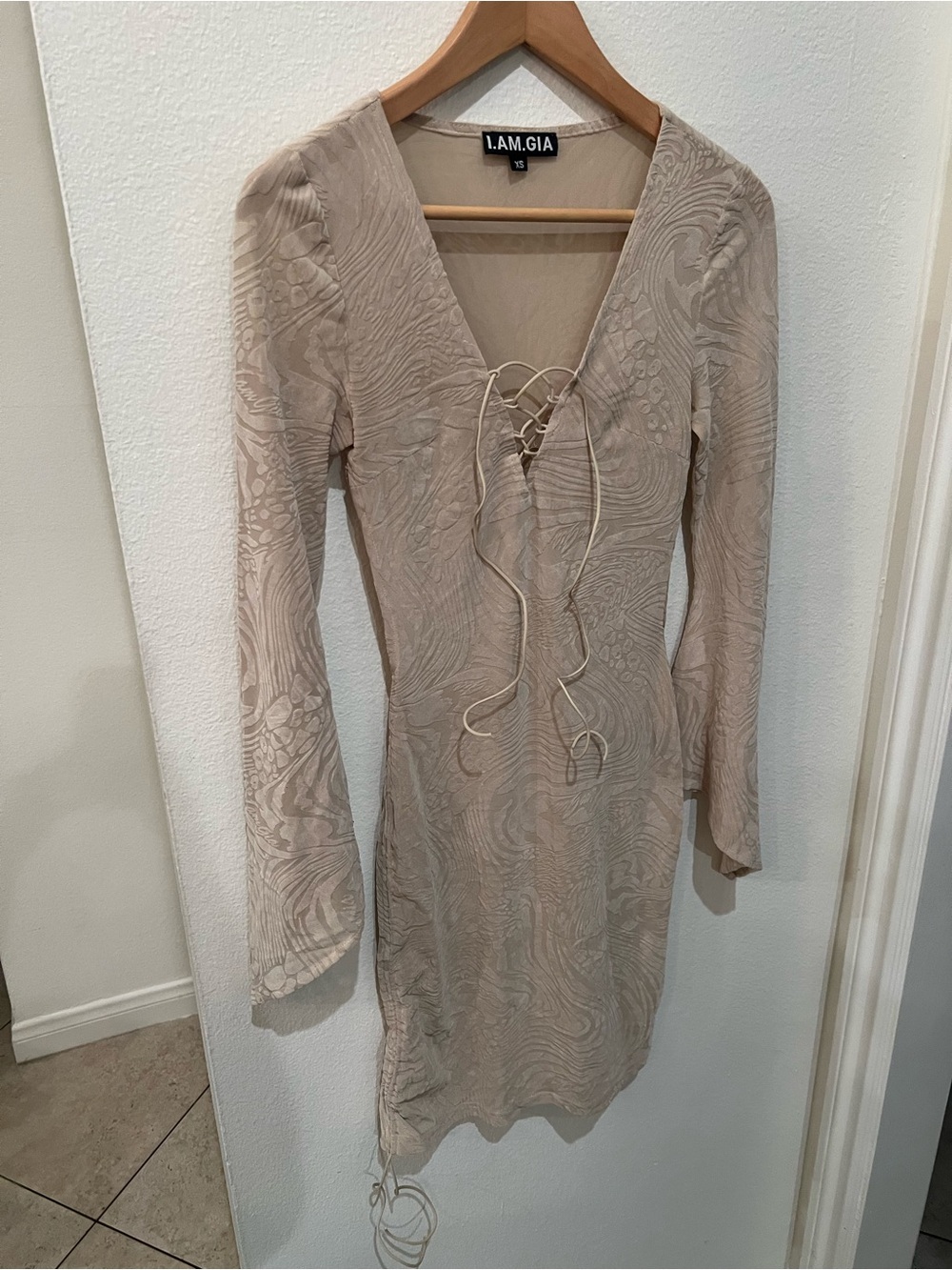 I.AM.GIA Beige Lace-Up V-Neck Long Sleeve Dress